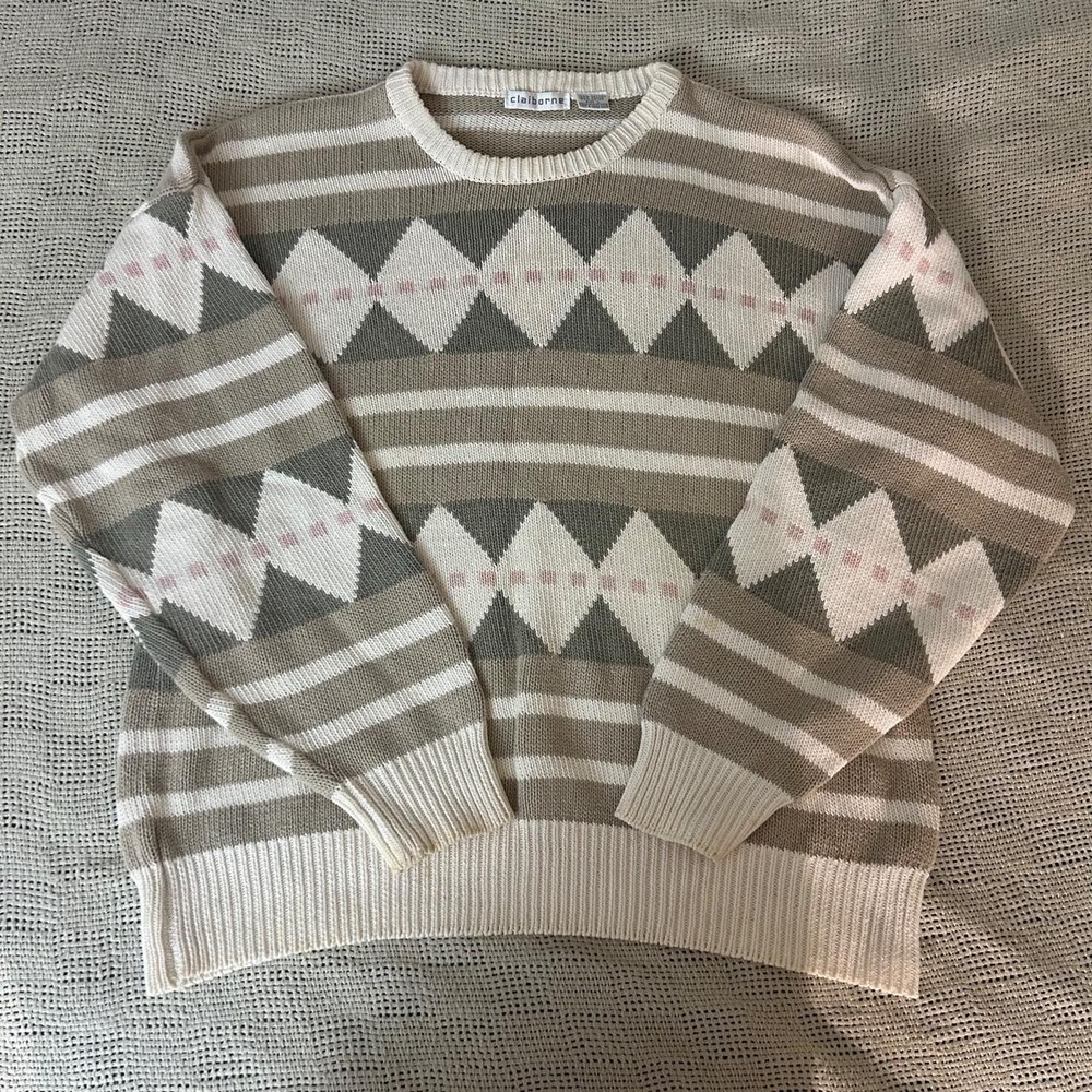 Vintage Soft Girl Knitted Cozy Oversized Sweater Preppy Argyle Pattern